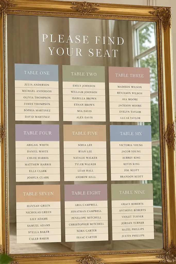 A gold framed mirror with the seating chart divided into clear color blocks. Each table section has a different soft color rectangle behind the headings, while name cards are consistent cream cards in rows. The overall look is clean, structured, and photo-ready.