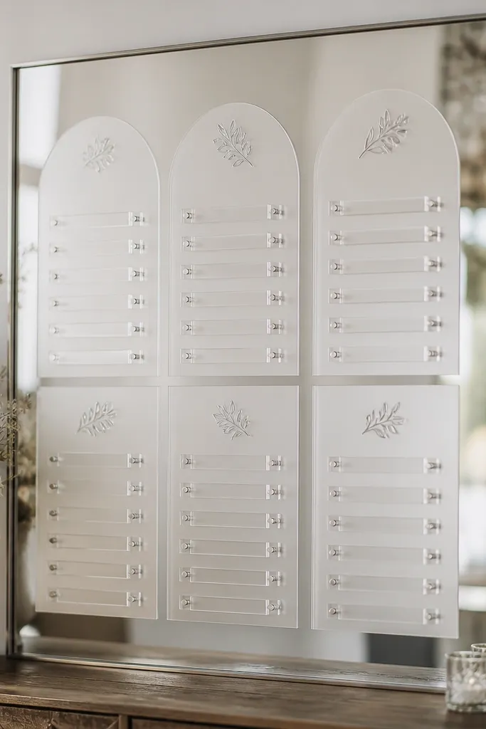 A mirror with an etched-acrylic panel. The seating chart headings are etched into frosted acrylic, and the name tags are small clear acrylic pieces with etched letters. Each tag is mounted with clear standoffs, creating a clean, gallery-like display.