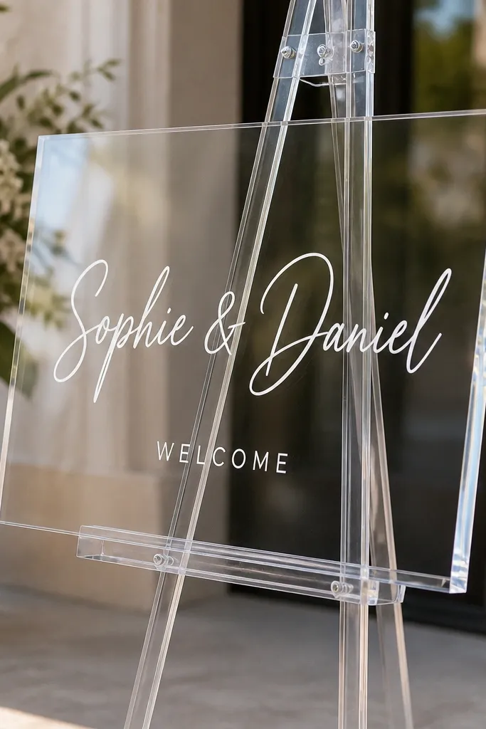 A thick crystal-clear acrylic welcome sign on a clear stand. The top line shows two names in white flowing script. Below, a small line reads "Welcome" in thin uppercase letters. Edges look polished and catch light in a soft highlight.
