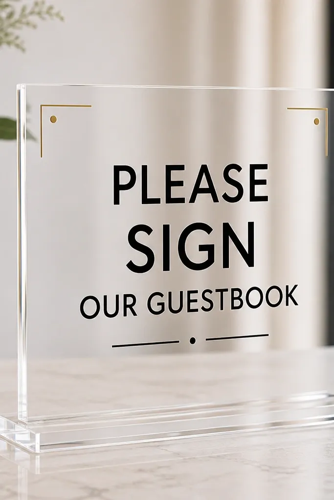 A clear acrylic sign with bold black typography. The main text is centered and high contrast. In the top corners, small gold accent lines or dots frame the composition. The stand is clear, and the edges catch light.