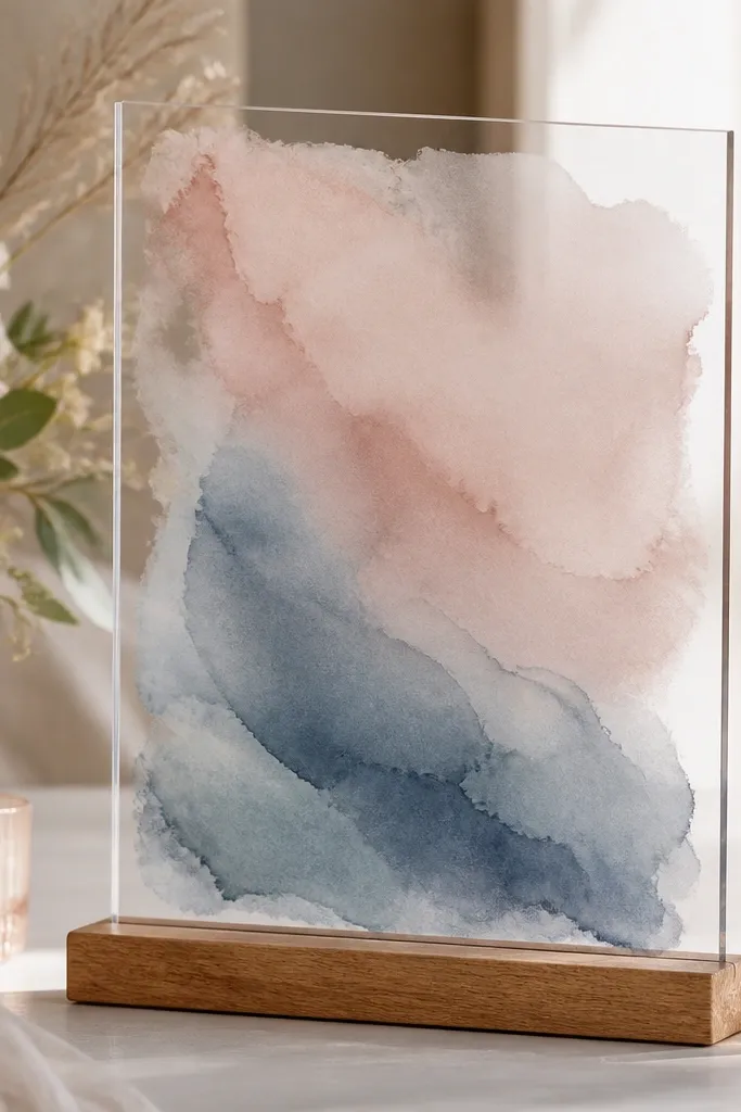 A clear acrylic sign where the background behind the text has a soft watercolor wash in blush and dusty blue. The names are in white lettering on top of the wash. The wash sits behind the acrylic, so it looks like color under glass.