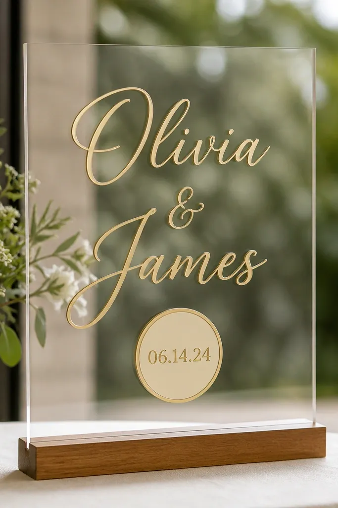 A clear acrylic sign with gold script names centered. Below the names, a small circular or oval "medal" shape contains the date in clean lettering. The medal looks like a gold outline with a subtle fill.