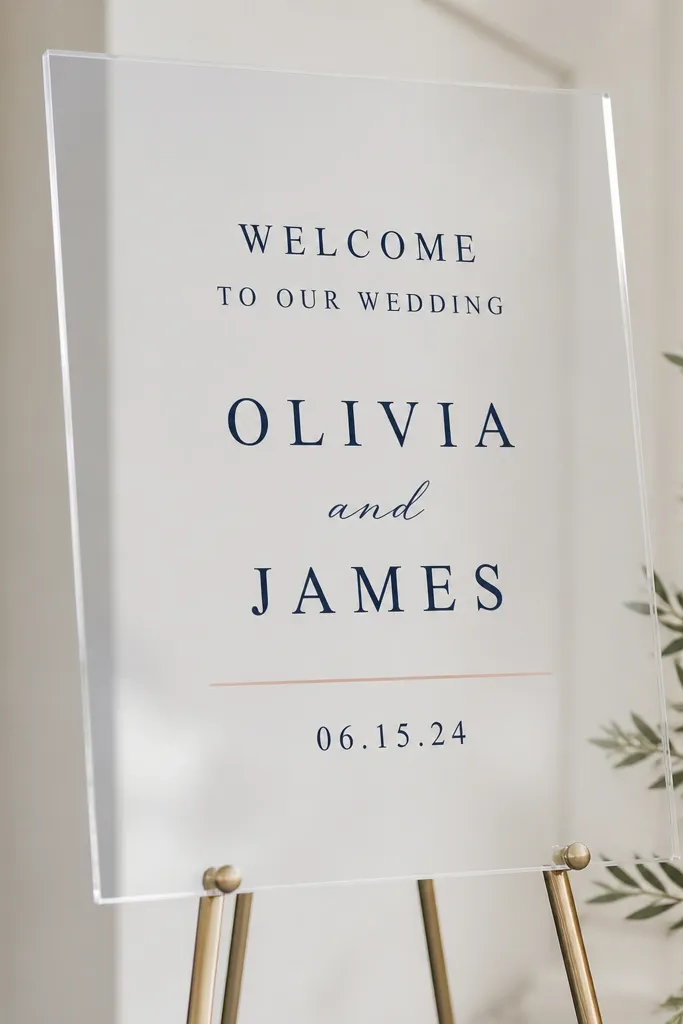 A clear acrylic welcome sign with navy text. The names are in navy, and a thin blush line separates the welcome message from the date. The design is centered and minimal, with polished edges catching light.