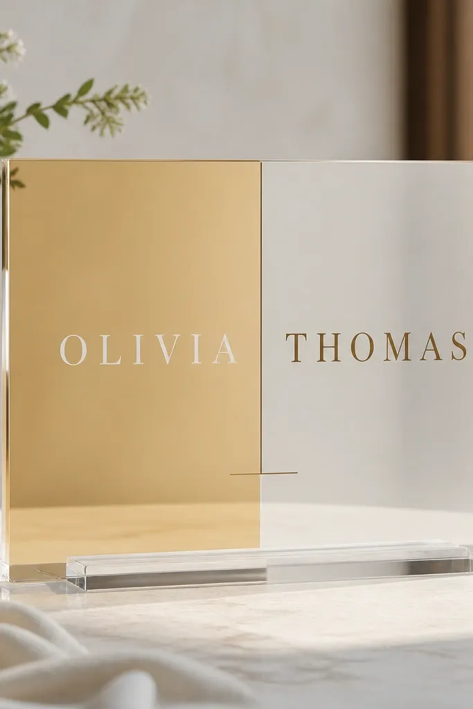 A clear acrylic sign where the left half is gold-toned and the right half is white-toned. A thin vertical line divides the halves. Names are split across the center, with a short welcome line aligned under the divider. The sign has polished edges and a clear stand.