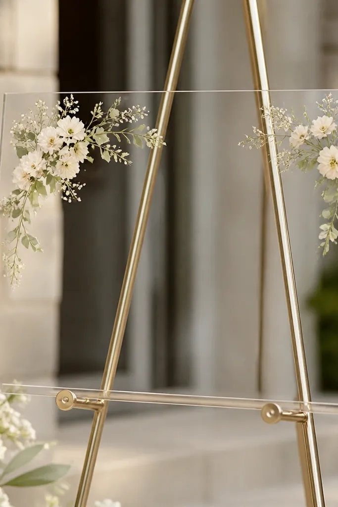 A clear acrylic welcome sign with small, delicate floral sprigs placed in the top left and top right corners. The main text sits centered in white script and thin uppercase. The floral sprigs look like printed decals that float slightly above the surface. Polished edges catch light.