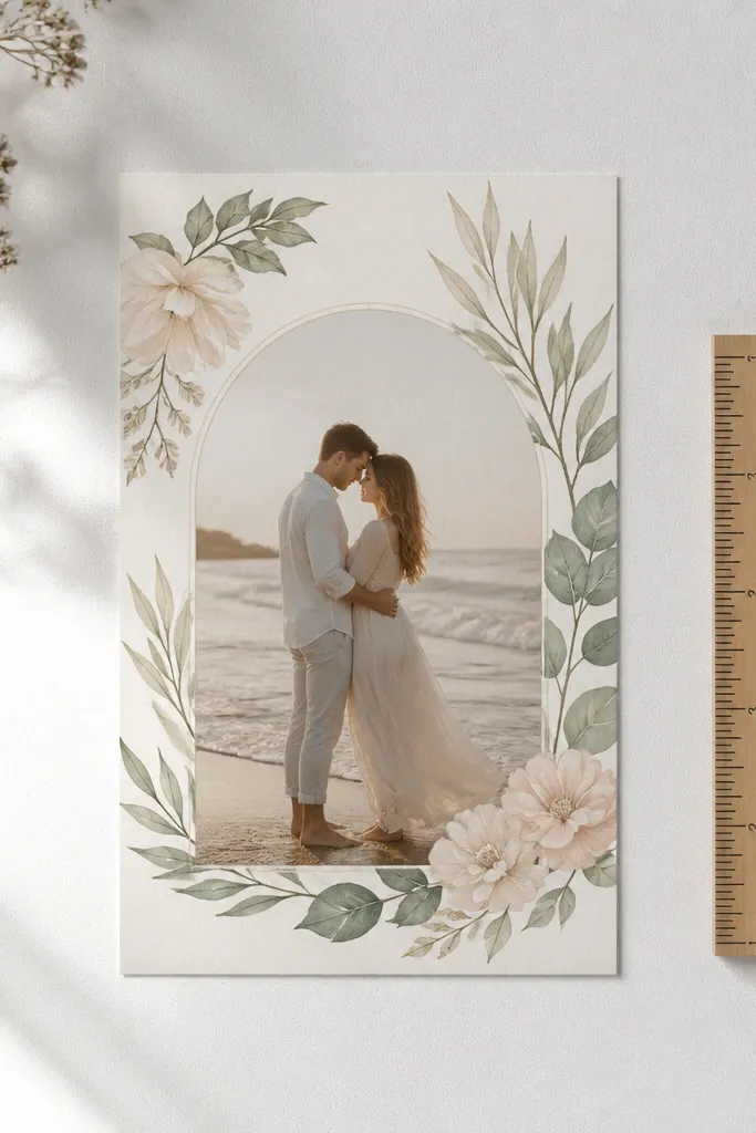 A save-the-date card laid flat on a white foam board next to a small ruler; soft daylight from the left creates gentle shadows, and the card's matte texture is visible.