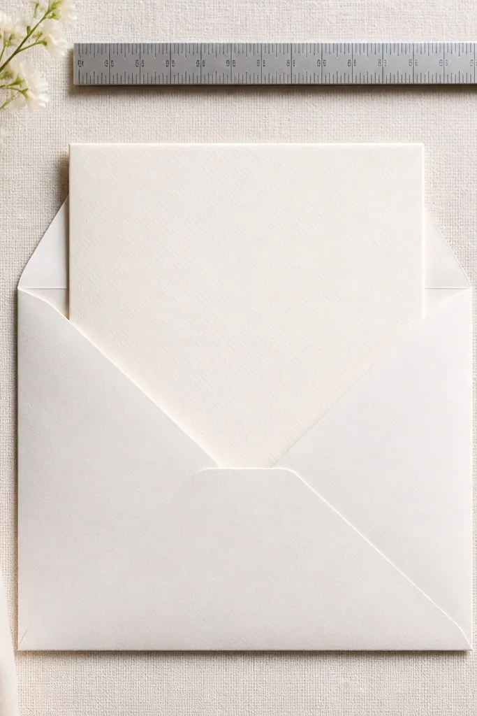 An open envelope showing the card centered; a ruler marks the top and side spacing, and the flap is folded neatly.