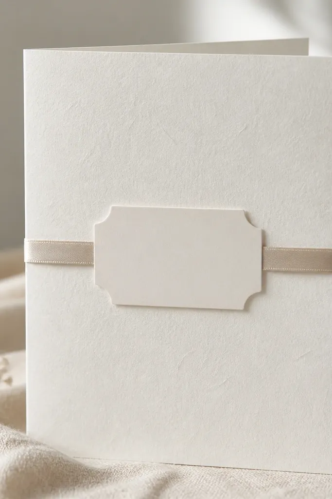 A card wrapped with a thin satin ribbon around the middle; a matte label sits centered with clean typography.