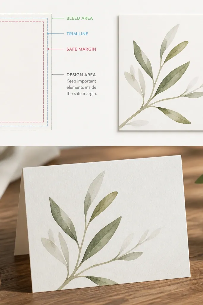 A design file guide shown on a card mockup with visible safe margin lines; the printed card shows clean borders with no edge trimming surprises.