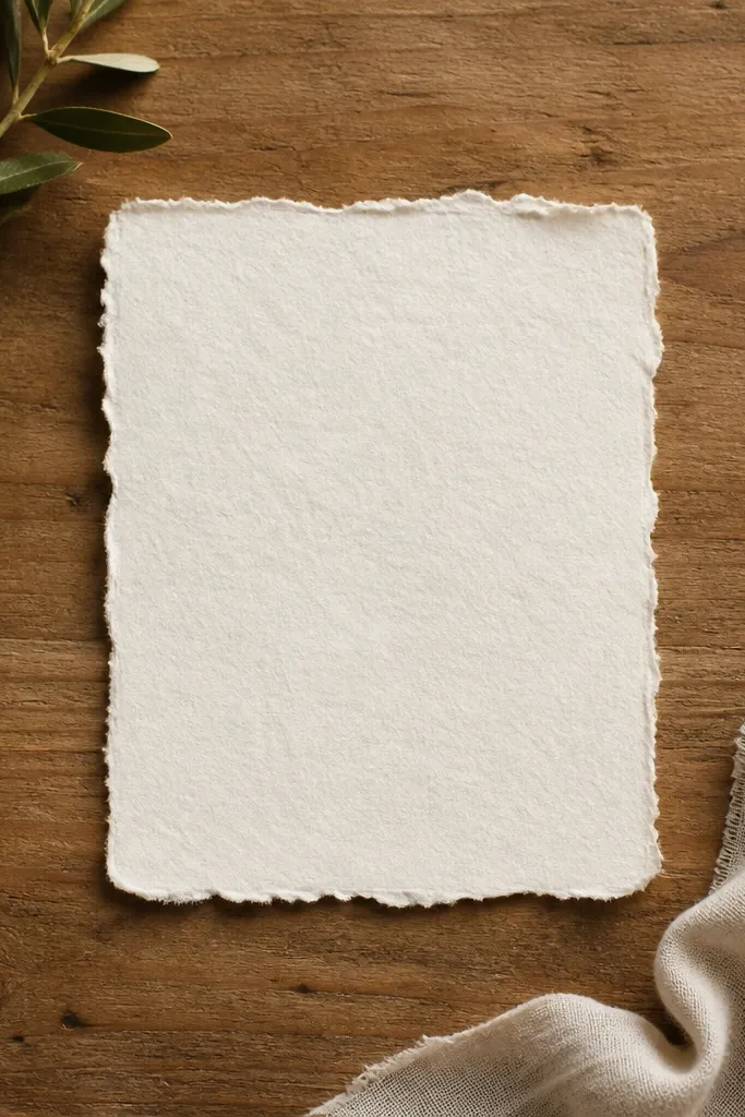 A save the date card with rough deckled edges; the card sits on a wooden table, showing uneven paper fibers.