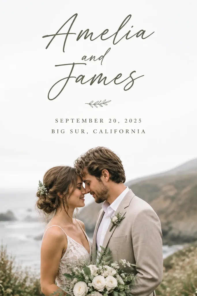 Names in a hand-lettered style at the top, with typed date and location below; one small decorative flourish sits near the accent line.