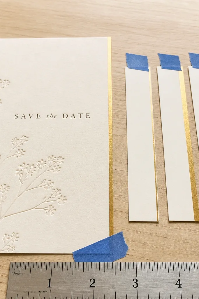 A close-up of a printed save the date mockup on warm ivory paper with a thin metallic foil band only along the outer right edge; beside it, three small test strips show different foil widths (2 mm, 4 mm, 6 mm) and slightly different placements; the paper sits on a light wood desk with a ruler and blue painter's tape holding the sample flat.