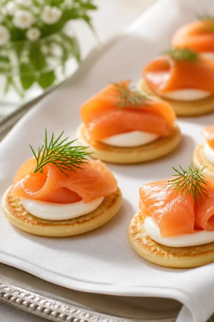A line of small blinis topped with a dollop of crème fraîche, a folded strip of smoked salmon, and a sprinkle of dill. The blinis sit on a white linen napkin over a tray.
