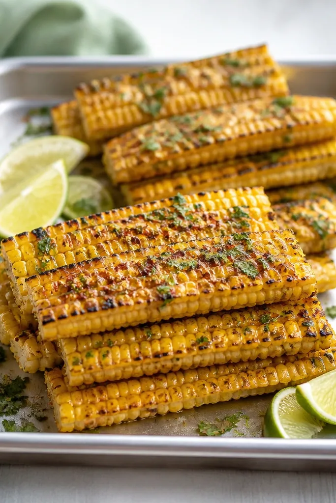 Long strips of grilled corn arranged in short stacks on a stainless tray, glossy with chili-lime butter. Garnish includes finely chopped cilantro and a few lime wedges.