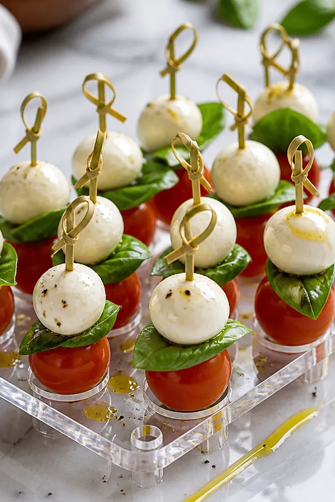Small skewers each holding cherry tomato, basil leaf, and mozzarella ball, arranged upright in a clear acrylic holder. Olive oil is drizzled in thin lines across the tray.