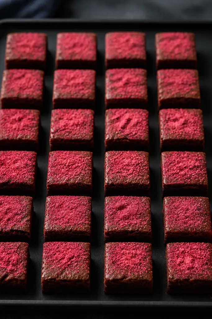 Small brownie squares in a neat grid on a dark tray, topped with a light dust of freeze-dried raspberry powder. A few raspberries sit off to one side.