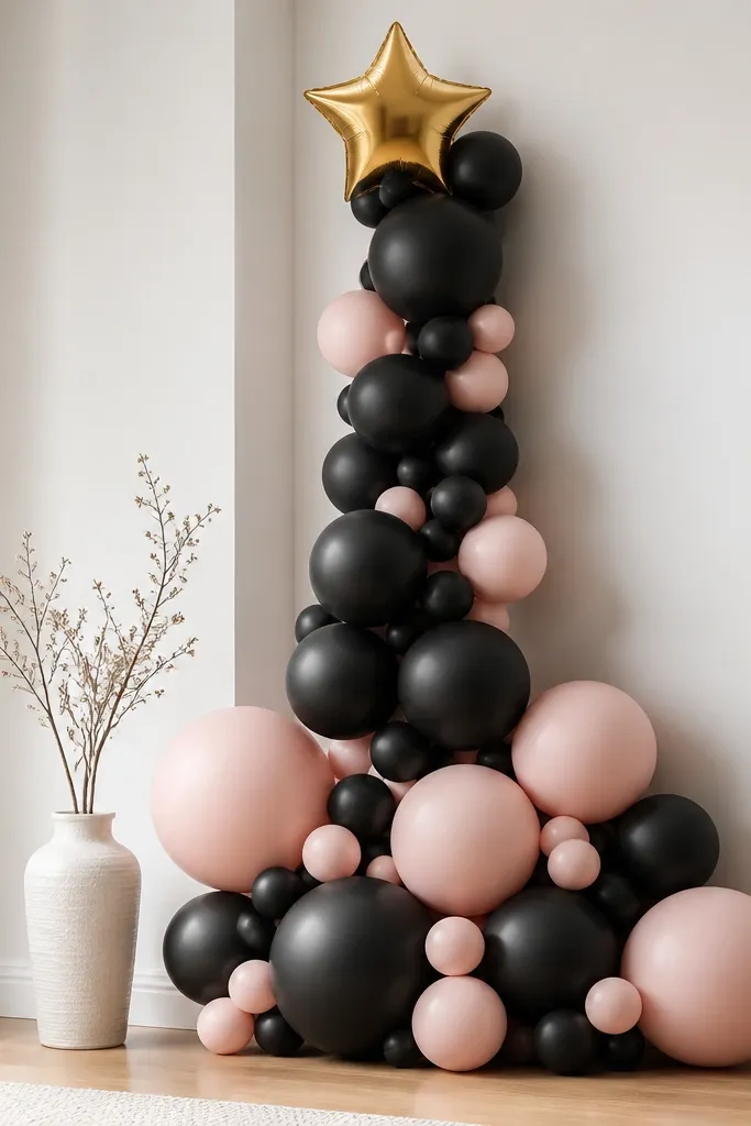 A corner balloon arrangement with matte black balloons forming a tall V-shape, surrounded by blush matte balloons and a small gold foil star balloon at the top.