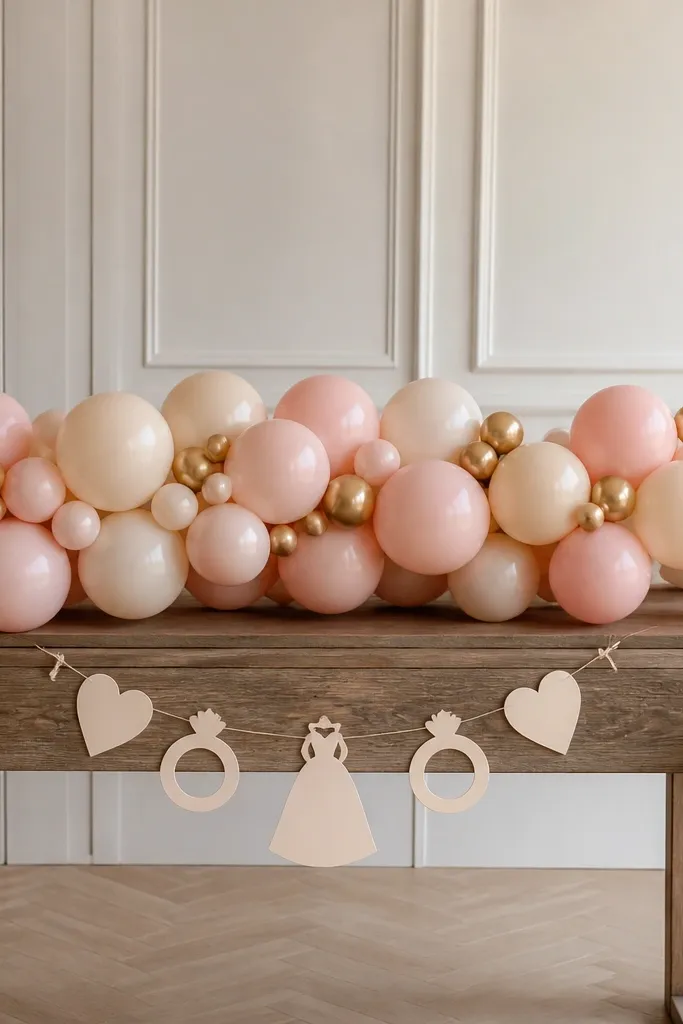 A long balloon garland draped across a table, made of alternating champagne and blush balloons with small gold micro-balloons and a "Bride-to-be" banner hanging from the center.