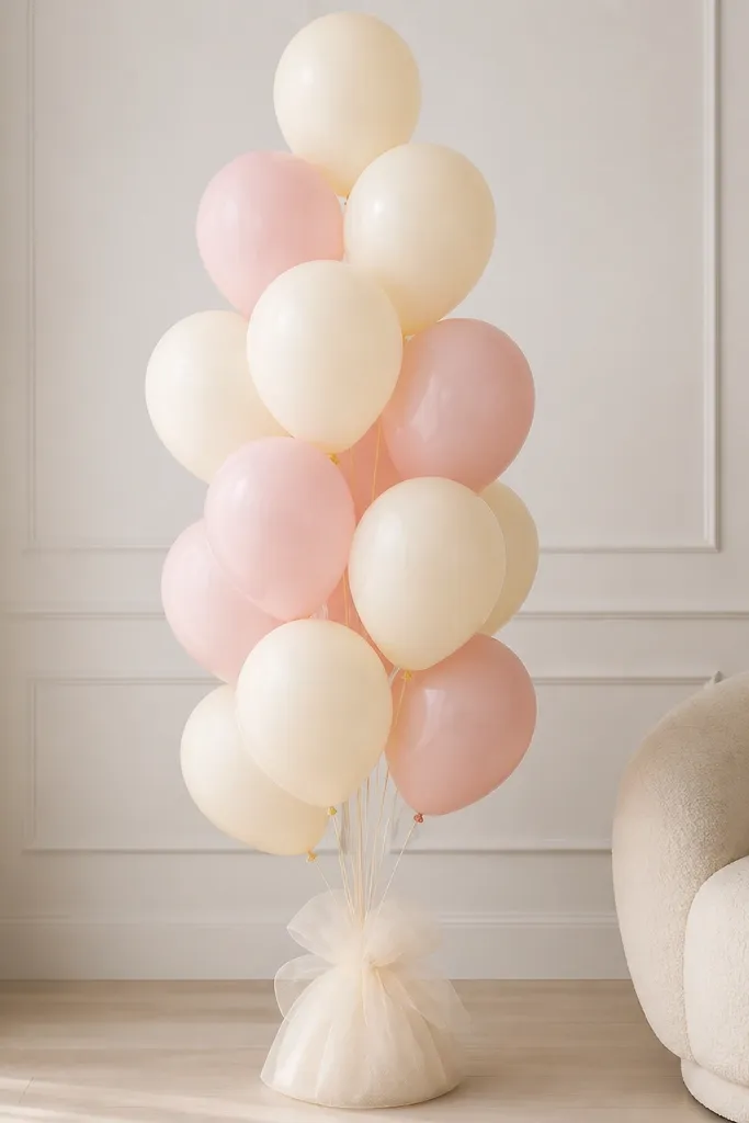 A stack of balloons in baby pink and cream with clear balloon weights hidden under a sheer wrap, giving the illusion the balloons float above the base.
