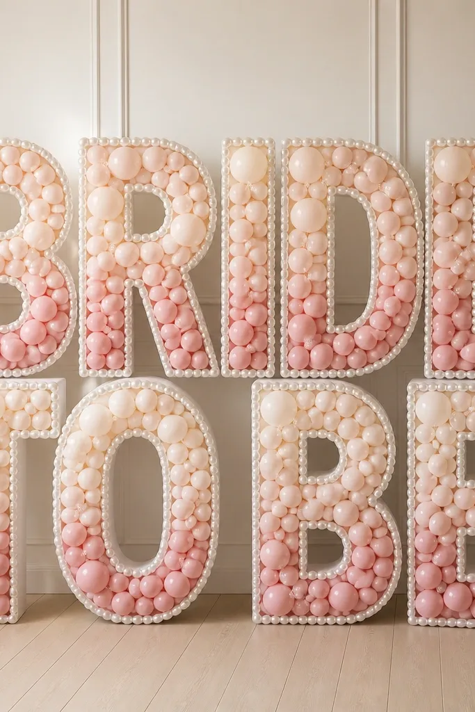 Large white balloon letters spelling "BRIDE TO BE" filled with an ombre of blush and pale pink small balloons, with pearl accents around the edges.