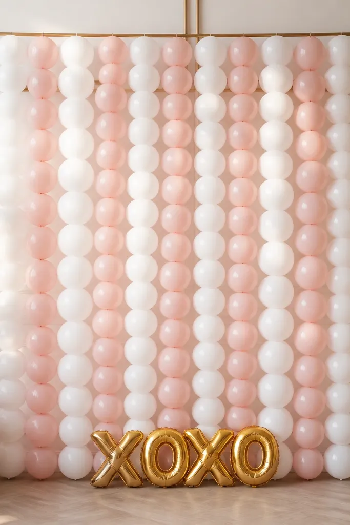A balloon curtain made of vertical strands of blush and white balloons hanging from a top bar, with a small gold foil "XOXO" balloon near the bottom.