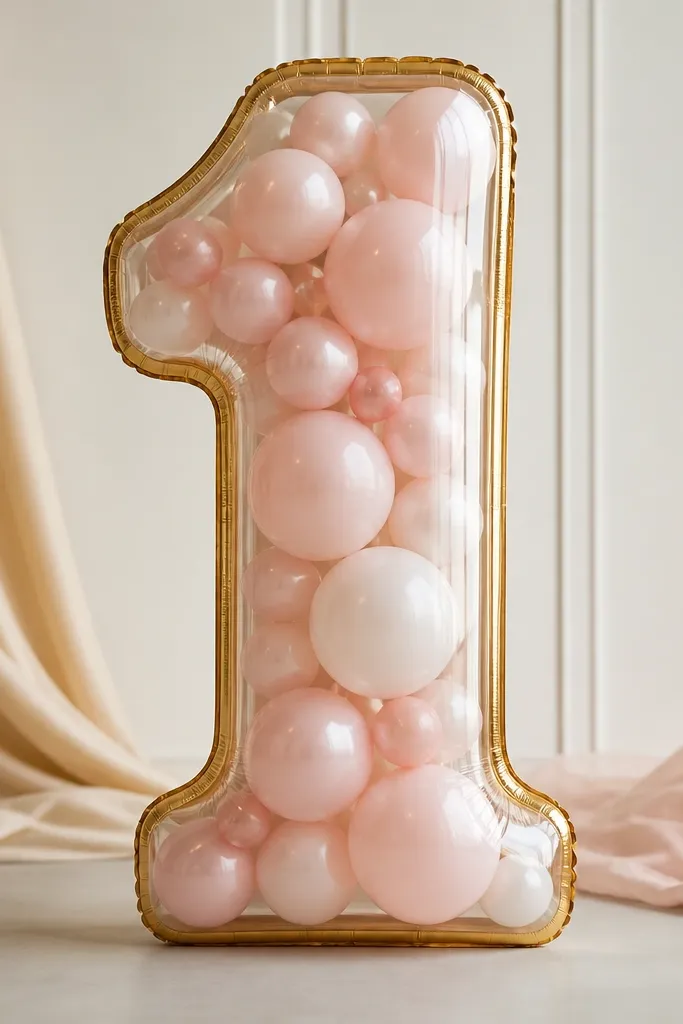 A clear balloon number (like 1 or 2) filled with blush balloons inside, with a gold foil balloon rim around the number edges.