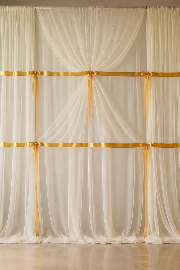 A stage backdrop made of sheer cream tulle panels hanging from a top rod, with three horizontal turmeric-yellow satin ribbon lines tied across the tulle. The ribbons are evenly spaced and catch light, while the center panel has a slightly gathered drape.