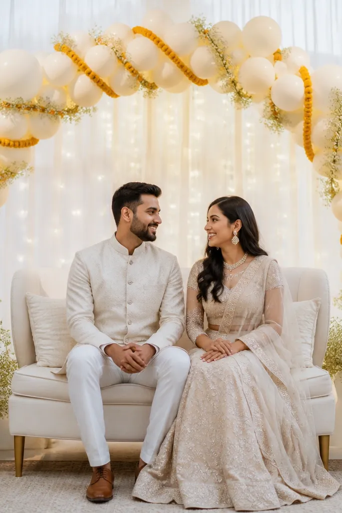 A semi-circle halo arch made with balloon clusters, wrapped with thin marigold garlands and small sprigs of baby's breath. The halo sits behind the couple's seating area, with warm white string lights inside the arch.