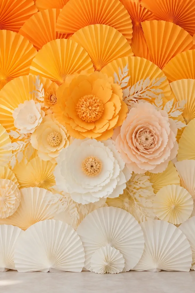 A backdrop of layered fan shapes made from crepe paper and paper rosettes, arranged in a vertical gradient from ivory at the bottom to saffron at the top. A few oversized paper flowers sit in the center.