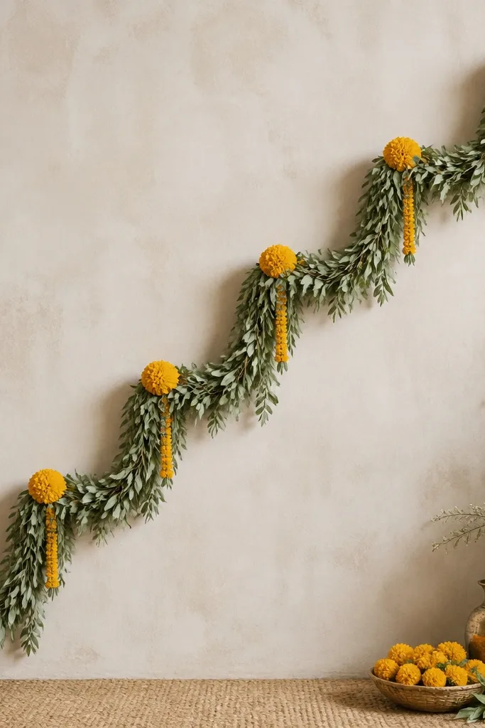 A staircase-like garland arrangement made from sage green leaves and mustard-yellow marigold pom-poms. It climbs diagonally from the bottom left of the backdrop to the upper right, with clean spacing between each step.
