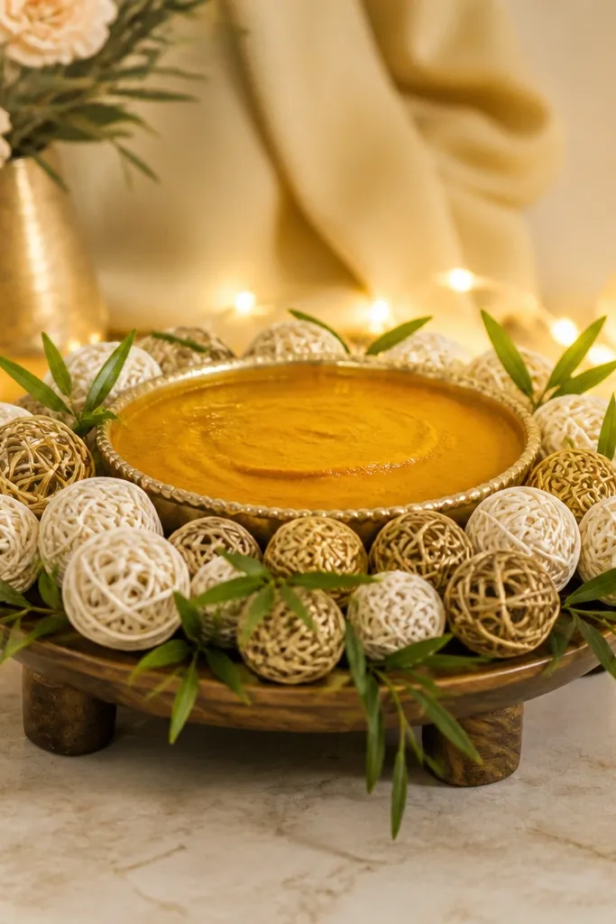 A low stand holding a haldi bowl, surrounded by a garland of rattan balls in ivory and light gold. Thin green leaf stems are tucked through the garland, and warm white lights sit behind the stand.