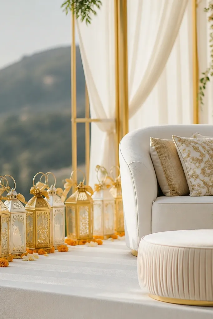 A row of small gold and ivory lanterns lined behind the seating area on the stage, with marigold petals scattered on the base and a thin gold ribbon tied around the lantern handles.