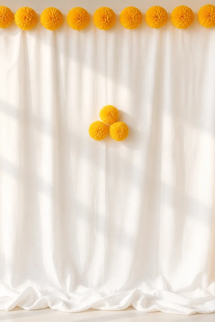 A white backdrop cloth with a border made of turmeric-yellow paper pom-poms. The pom-poms are evenly spaced in a single row around the top and sides, with a small center cluster.