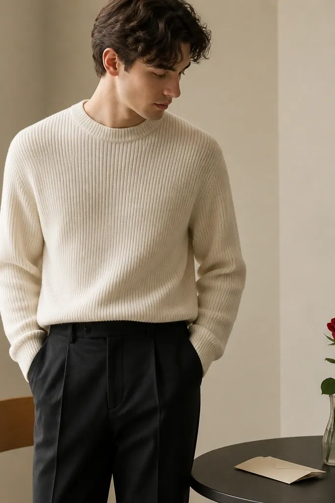 A person in a cream ribbed knit sweater and black tailored trousers stands near a small table set with an off-white envelope and a single red rose in a slim vase; background is softly lit and uncluttered.