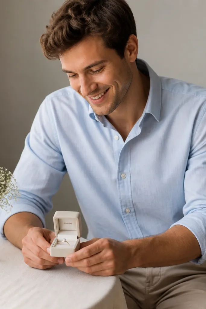 A light blue button-down with sleeves rolled to mid-forearm, tucked into beige trousers; a tiny bouquet of baby's breath sits in a clear glass near the ring box.