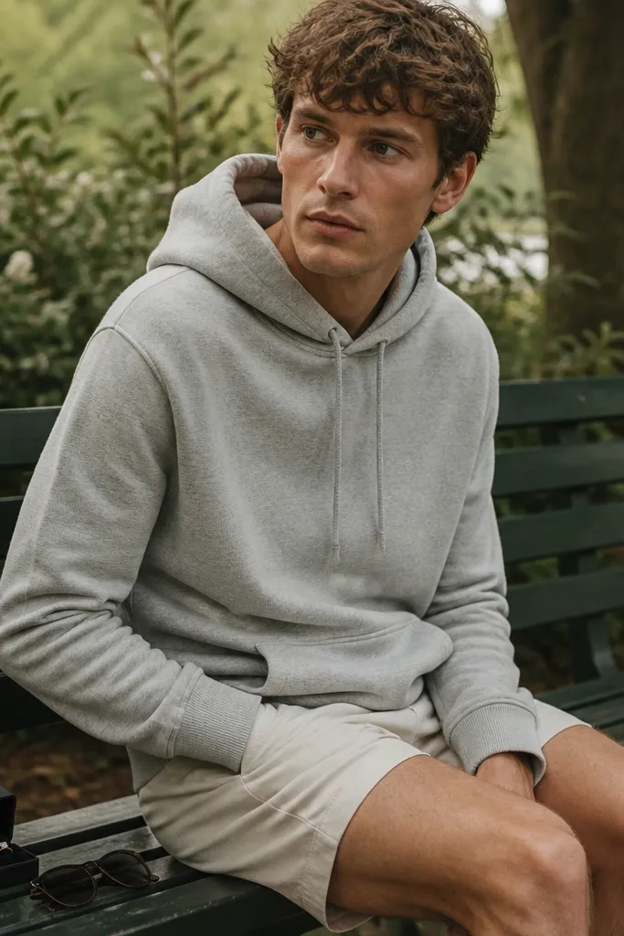 A soft gray hoodie paired with tailored shorts; a black ring box sits on a park bench next to sunglasses; the background is greenery and soft daylight.