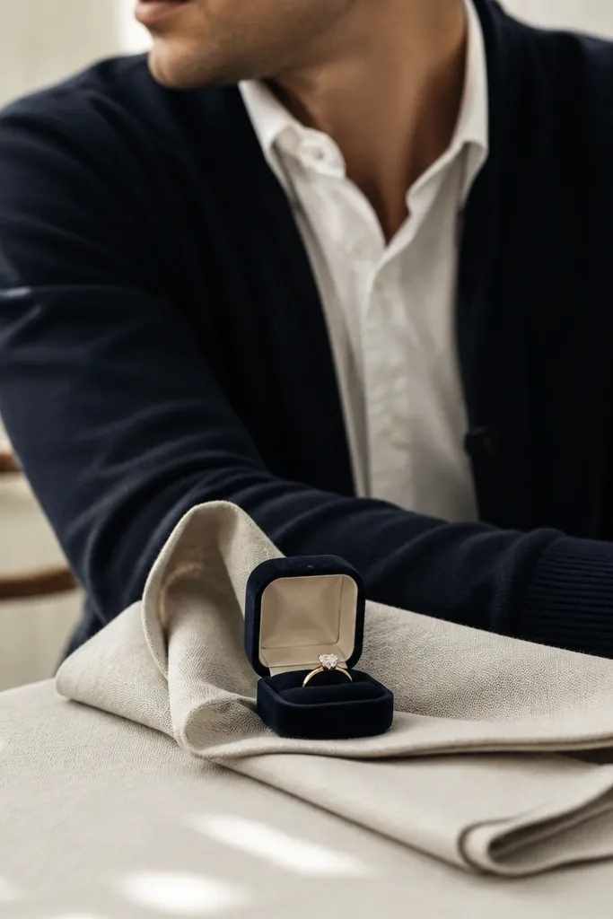A navy cardigan layered over a white button shirt; a linen napkin is folded on a table with the ring box placed at the fold; background is a simple chair and soft daylight.