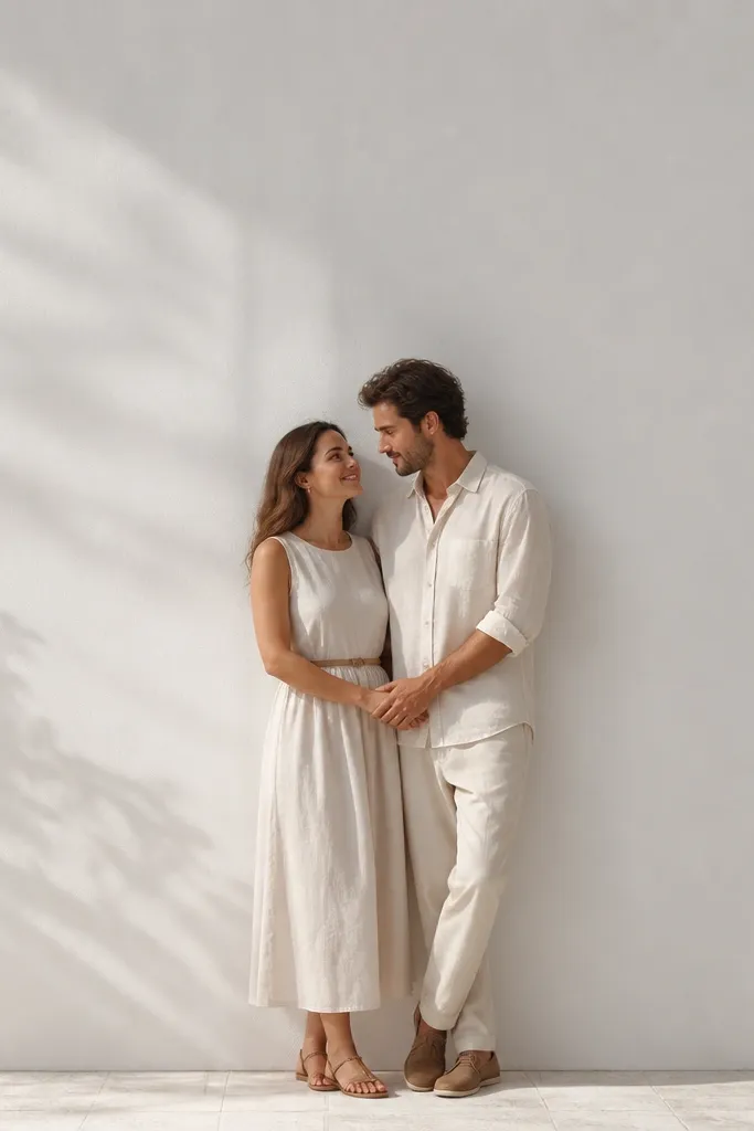 A couple stands close to a white wall with soft shadows. She wears a cream sleeveless linen A-line dress with a thin belt at the natural waist and simple flat sandals. He wears a cream linen button-down with sleeves rolled to the forearm and matching trousers. Their hands meet at waist level, and the photographer keeps lots of empty space above their heads.