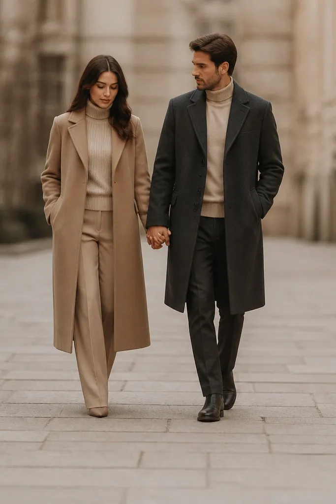 The couple stands in a quiet outdoor walkway with muted beige tones. She wears a sand turtleneck knit under a long camel overcoat that falls past her knees, with straight trousers. He wears a sand turtleneck and a charcoal overcoat with minimal buttons. They hold hands loosely, and the shot includes a lot of floor space and soft blur in the background.