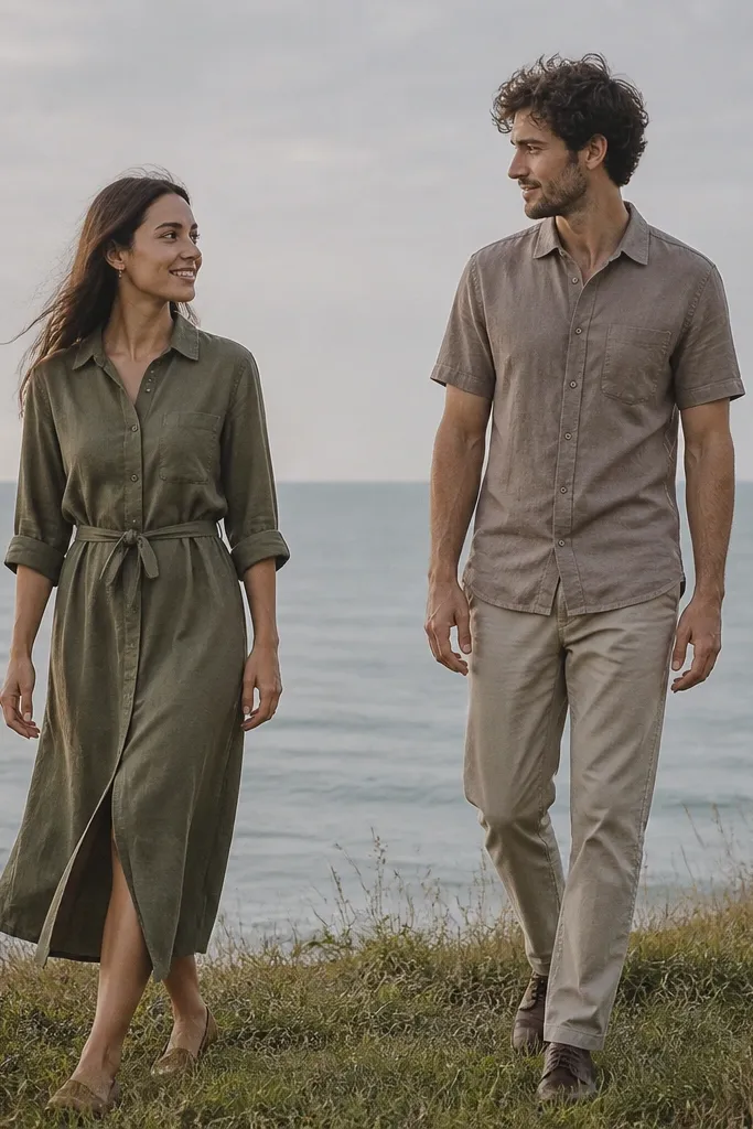 The couple walks along a grassy edge with soft wind in the background. She wears an olive shirt dress with sleeves rolled to elbow and a relaxed waist tie. He wears a taupe short-sleeve button-up with matching chinos. They face each other mid-step, hands down by their sides, with a calm horizon line behind.