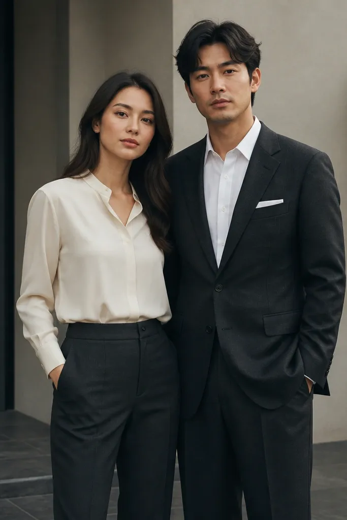 The couple stands on a dark stone patio. She wears a soft ivory blouse with a small collar and a charcoal tailored skirt or trousers. He wears a charcoal suit jacket with a crisp white pocket square and relaxed trousers. They stand shoulder-to-shoulder, hands lightly at their sides, with a clean architectural background.