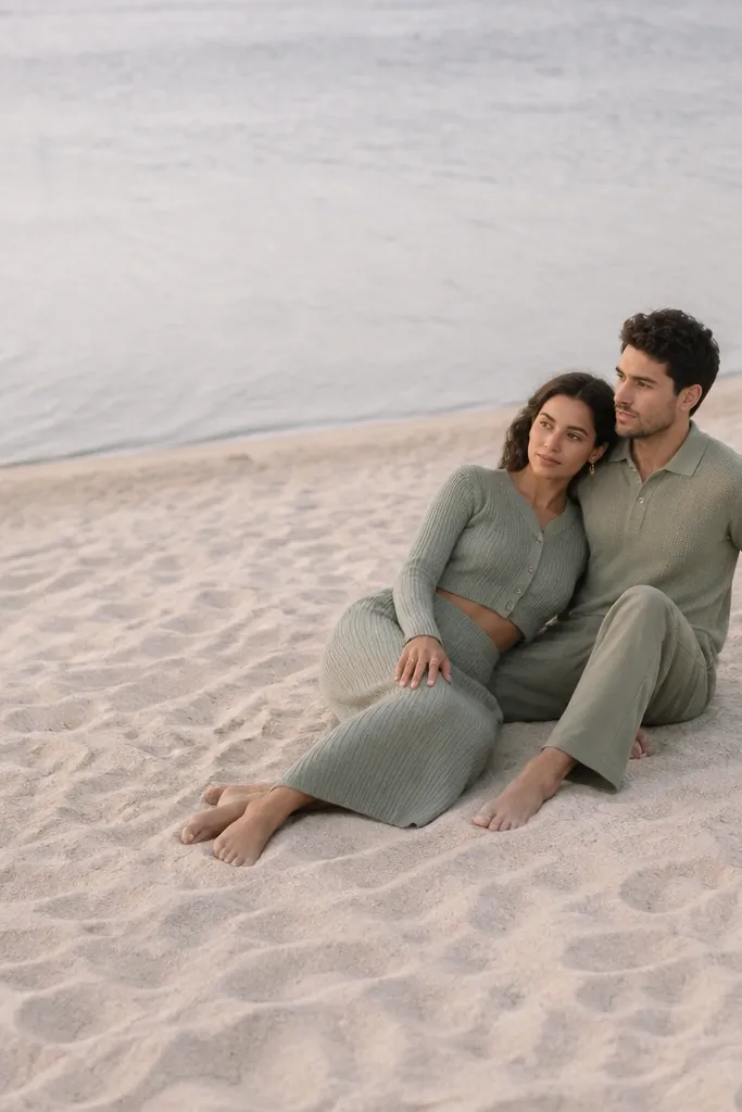 The couple sits on a sandy surface near water. She wears a sage green knit set with a cropped cardigan and high-waist skirt, and he wears a sage knit polo with loose trousers. They are barefoot, toes in the sand, and the sunlight gives a soft glow to the fabric. The frame includes lots of negative space around their bodies.