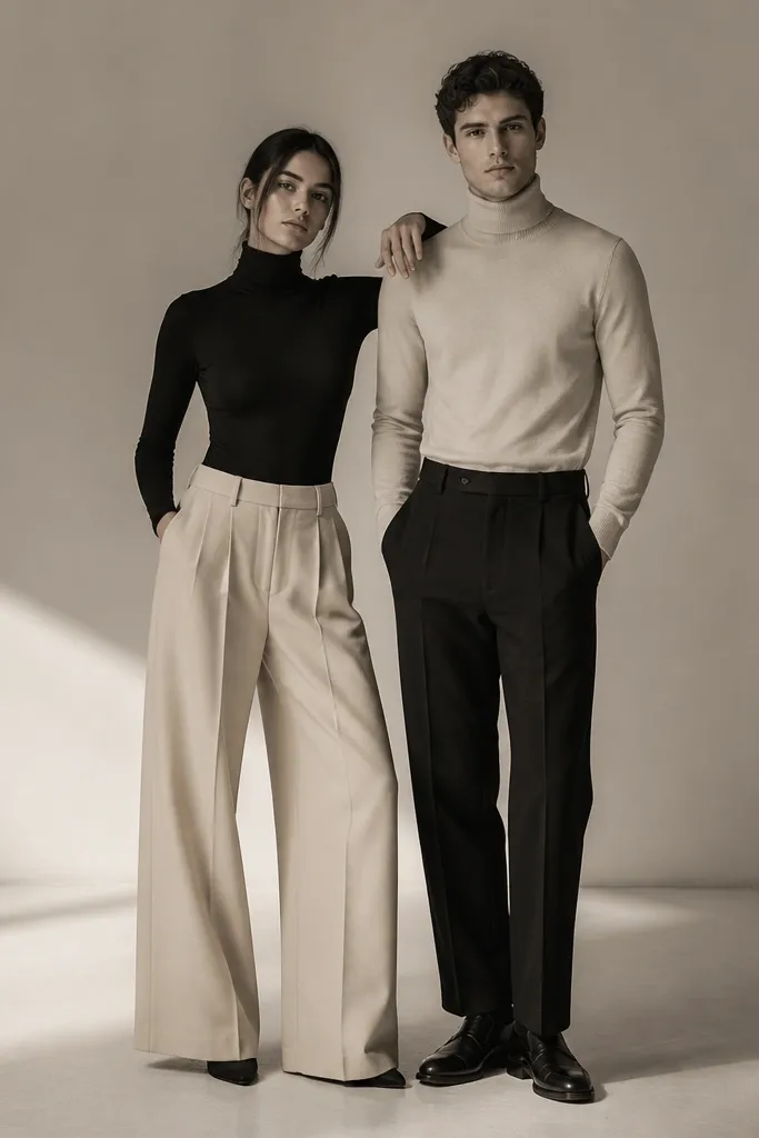 A studio set with black-and-white tones. She wears a black turtleneck bodysuit with oat wide-leg trousers, and he wears an oat turtleneck with black trousers. They stand in a simple pose, one hand at the other's shoulder, with a clean floor and minimal background. Lighting creates crisp shadows under their feet.