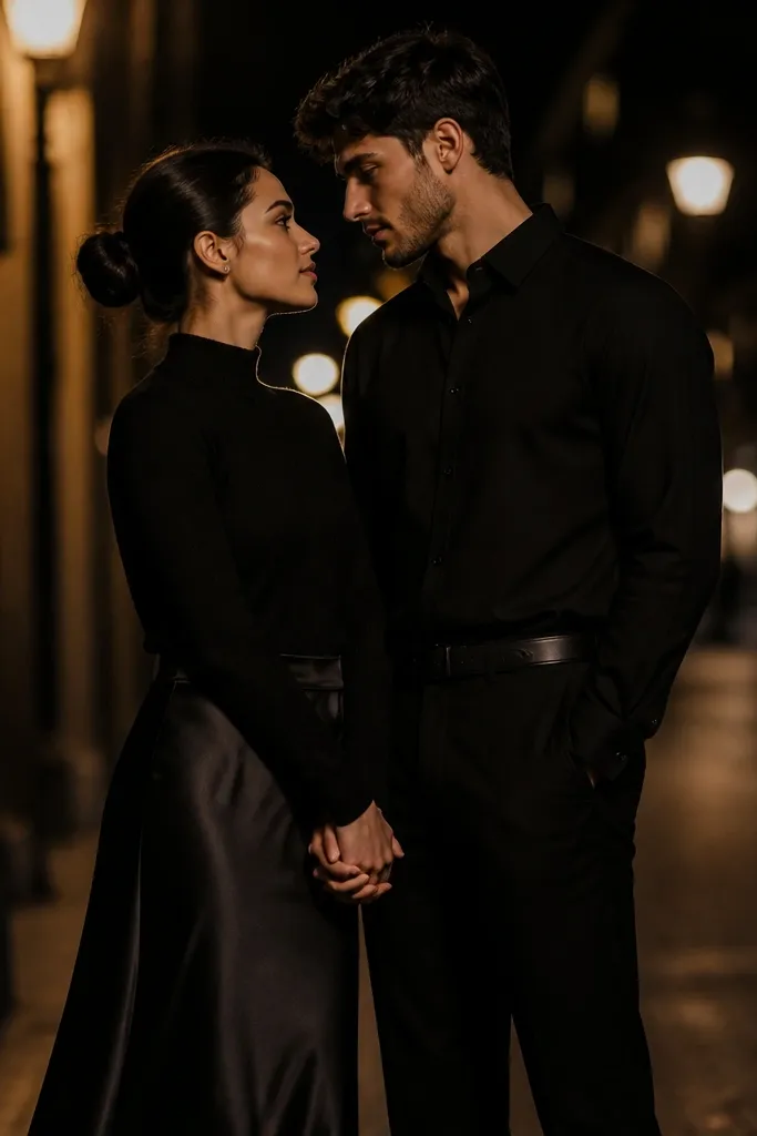 A nighttime or evening-looking urban shot with dark tones. She wears a black satin midi skirt with a matte wool top, and he wears a matte black wool shirt with tailored dark trousers. They stand under warm streetlight, and the satin catches a soft highlight while everything else stays matte. Their hands are clasped, and the background is bokeh lights.