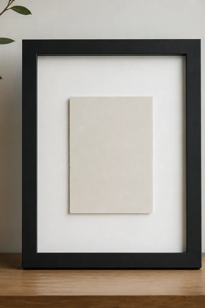 A slim matte black rectangular frame with a wide inner border. The glass is clear and non-glossy, reflecting almost nothing. A 5x7 card sits centered on white cardstock inside, with a small stand-off spacer so the card looks slightly raised.