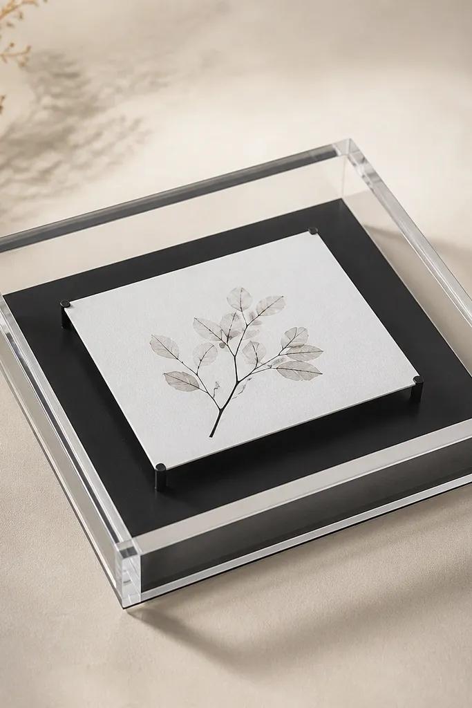 A transparent acrylic rectangular frame with visible corners. Inside, a black base board holds a centered card, and slim black standoffs lift the card slightly off the base. No glare dominates the image.