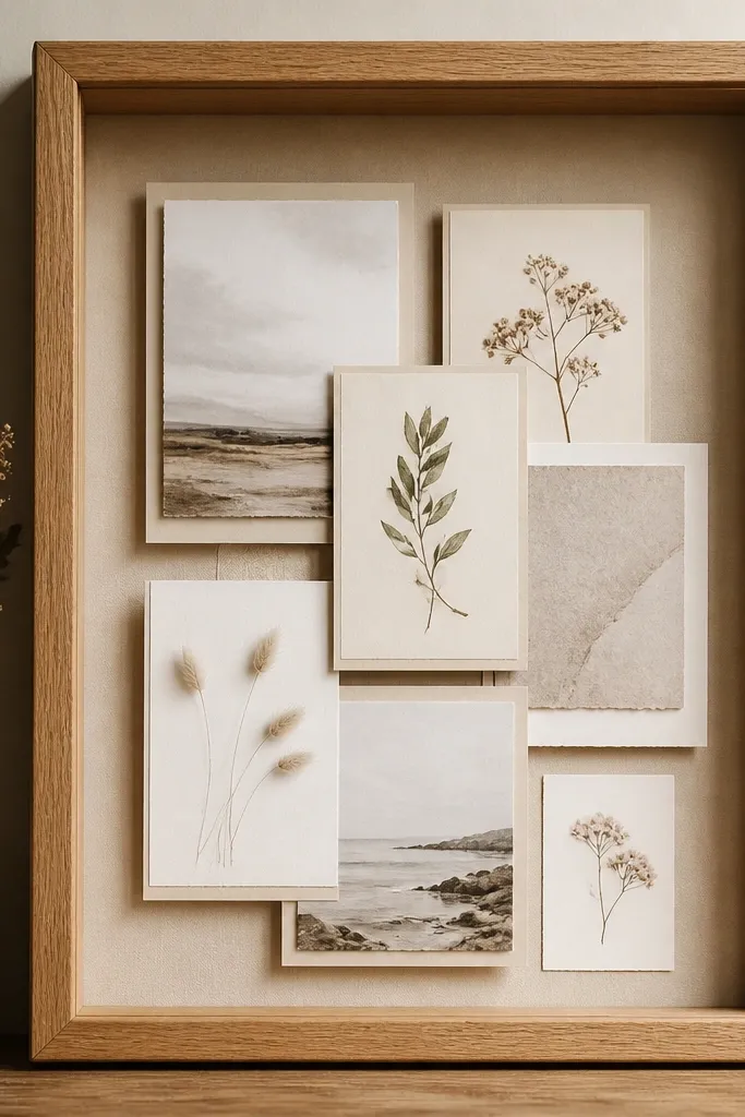 A warm natural oak box frame with depth. Multiple cards overlap slightly inside, each layered on a beige backing. The wood grain is visible, and the interior looks like a shadow box.
