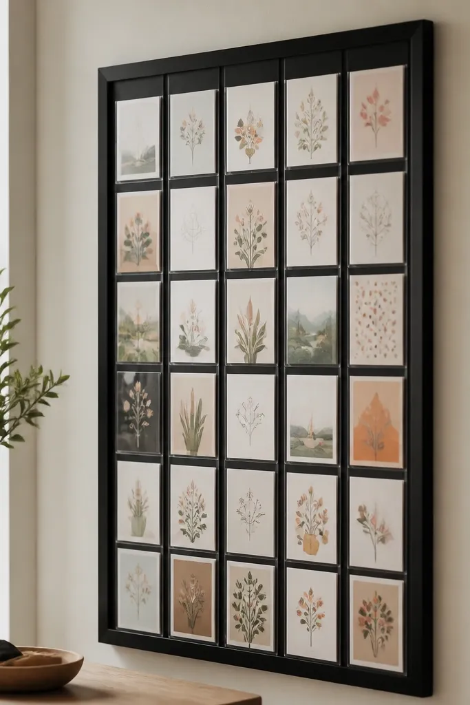 A tall matte black frame with slim internal holders that create vertical slots. Multiple cards hang behind clear covers, aligned in columns. The card edges look neat and uniform.