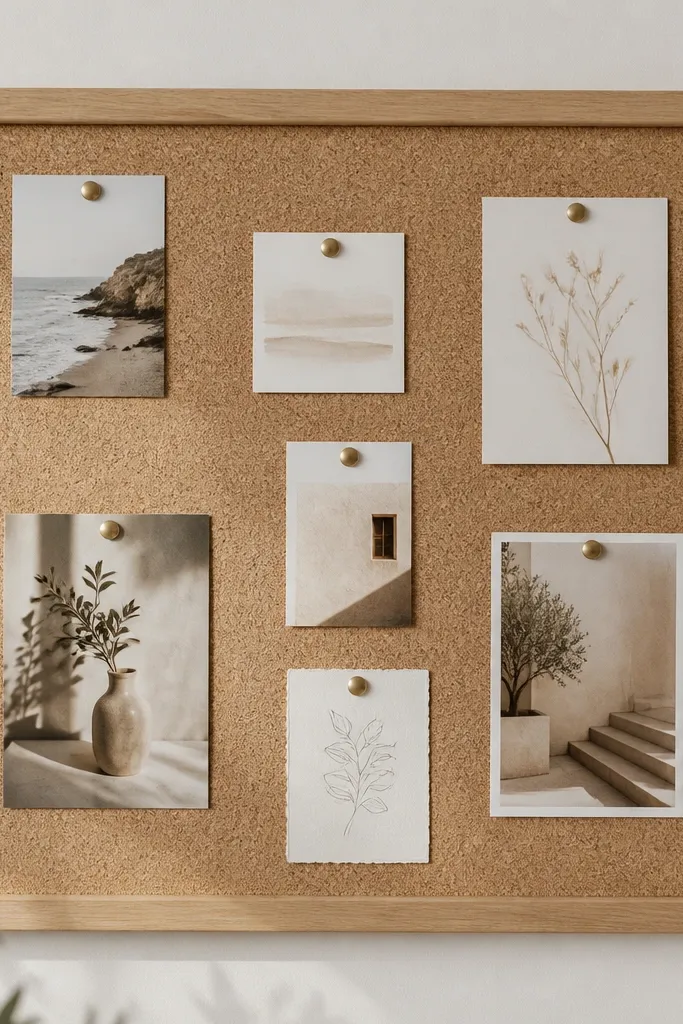 A beige cork board mounted inside a simple light wood frame. Cards are pinned neatly with small brass pushpins. The cork texture is visible and warm.