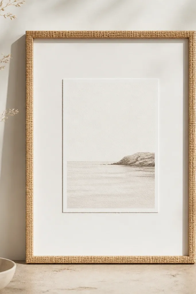 A slim rectangular frame wrapped in light rattan. Inside is a simple white mat with one centered card. The rattan texture is visible along the outer edge only, keeping the inside clean.